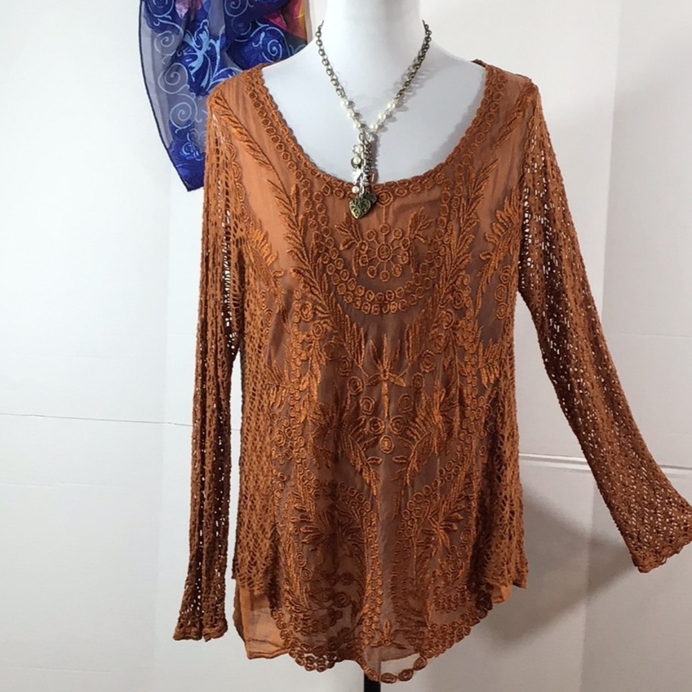 Belle France copper color embroidered crochet top S